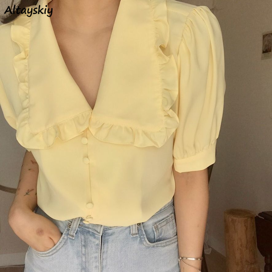 Summer Clothing Teens - Blus Wanita Ruffle Padat Lengan Pendek