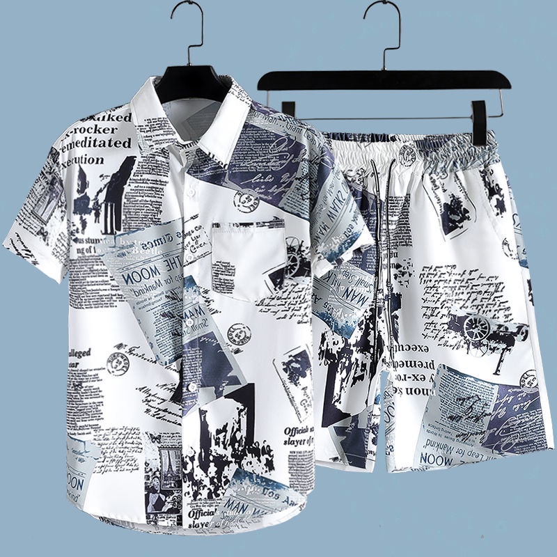 Beach Shirt Hawaiian - Setelan 2 potong motif koran pria,