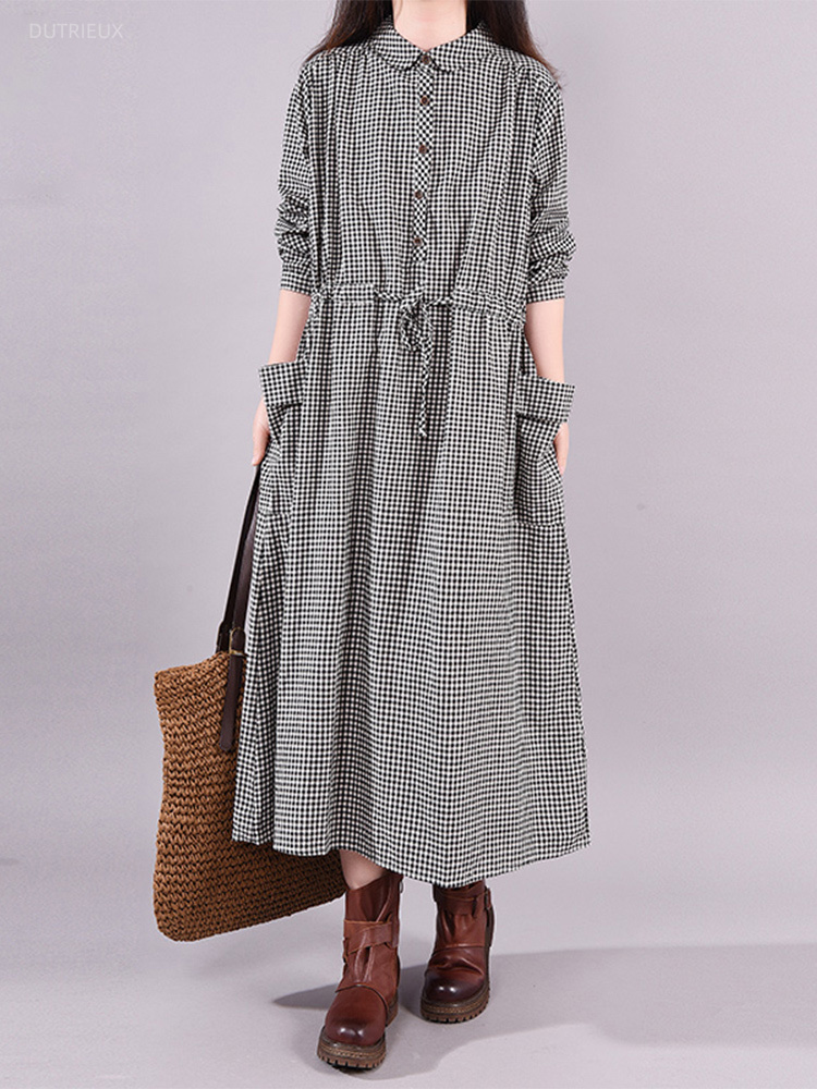 Summer Clothing Drawing - Gaun Vintage modis kotak-kotak tali serut