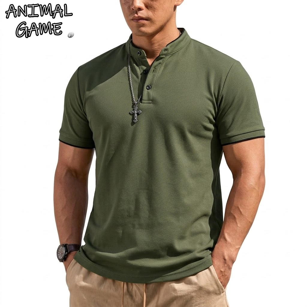 Summer Gym Clothing - Kaos Henley Lengan Pendek Musim Panas