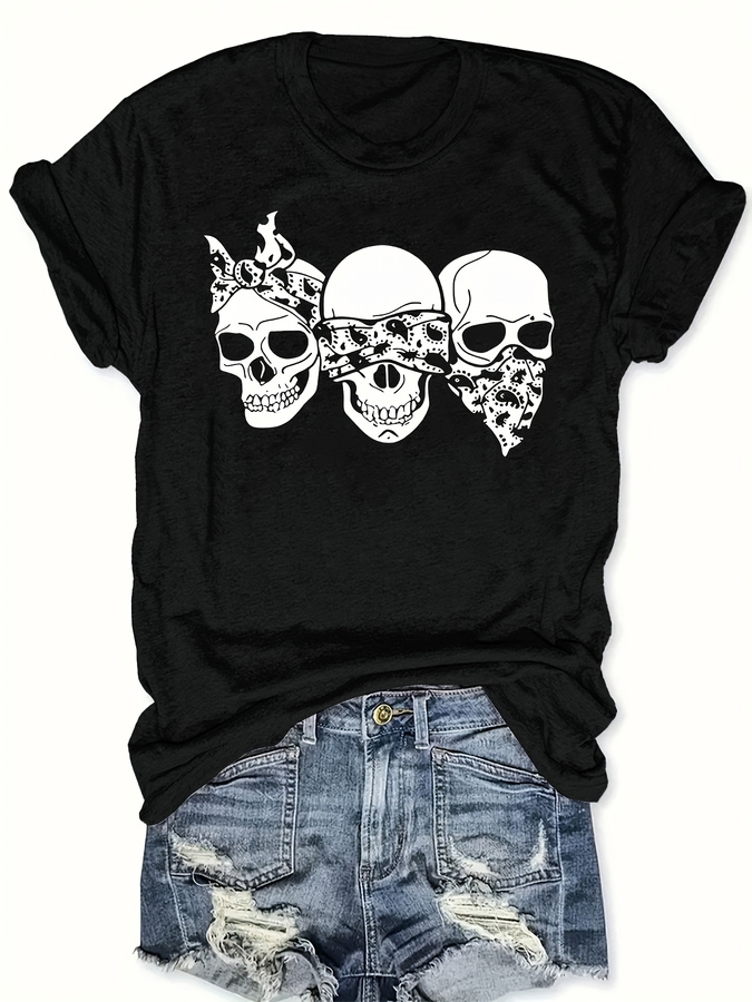 Summer Clothing Trends 2026 - Kaos Tengkorak Kartun Happy, Longgar, Leher