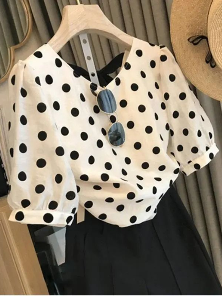 Blus Polka Dot wanita elegan m - Summer Clothing Aesthetic ulasan dan harga
