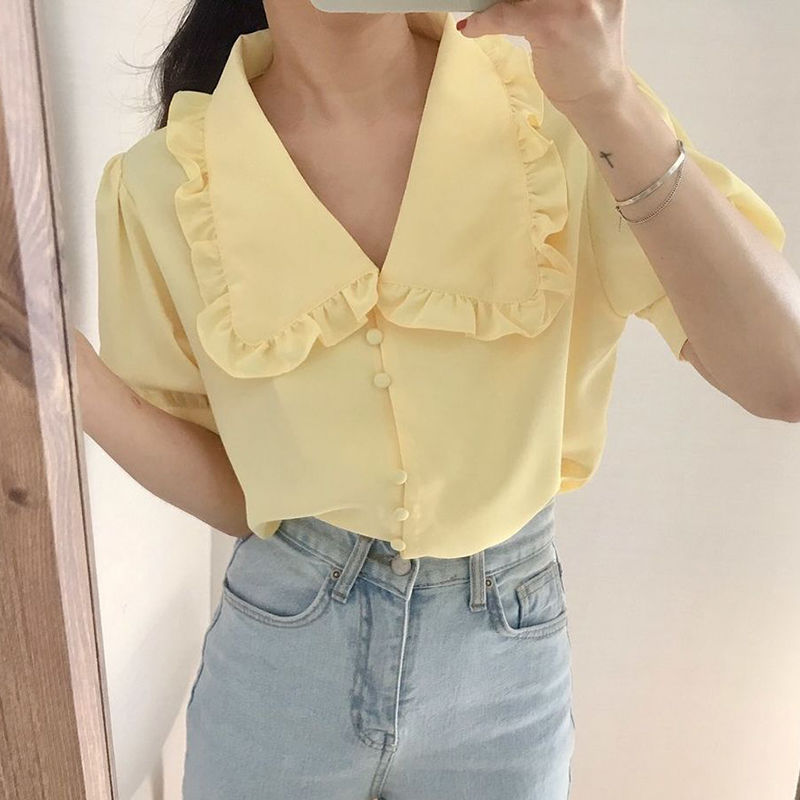 Blus Wanita Ruffle Padat Lenga - Summer Clothing Teens ulasan dan harga