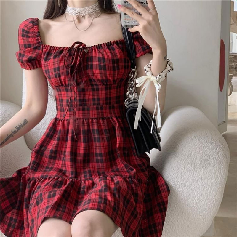 Gaun Mini Kotak-kotak Merah Pa - Summer Clothing Drawing ulasan dan harga