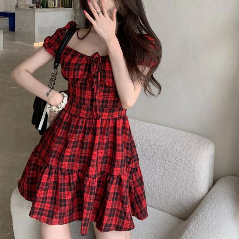 Gaun Mini Kotak-kotak Merah Pa - Summer Clothing Drawing ulasan dan harga