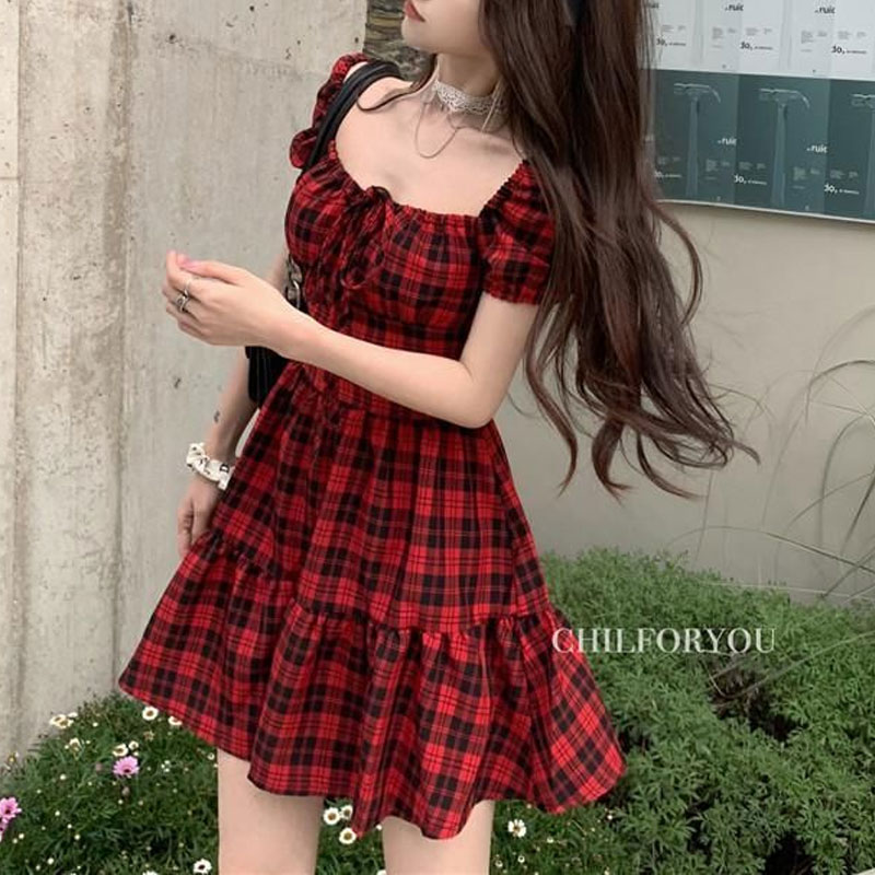 Gaun Mini Kotak-kotak Merah Pa - Summer Clothing Drawing ulasan dan harga