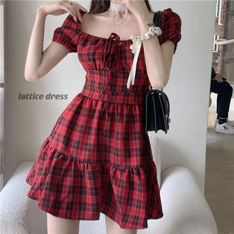 Gaun Mini Kotak-kotak Merah Pa - Summer Clothing Drawing ulasan dan harga