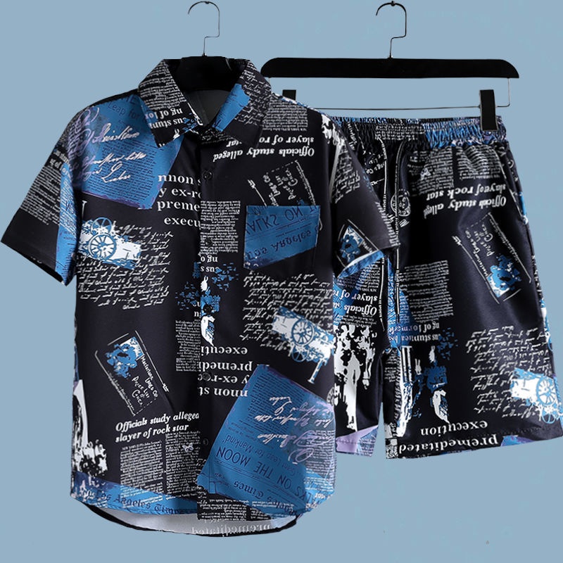 Setelan 2 potong motif koran p - Beach Shirt Hawaiian ulasan dan harga